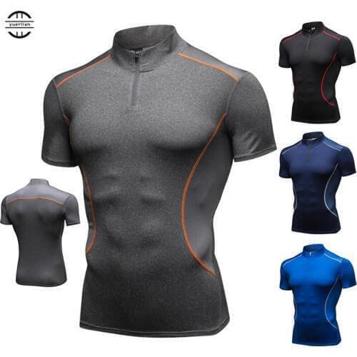 Men Wicking&Quick-Dry T-Shirt,High Elastic 3D Tight Slim Stand Collar Zipper Short Sleeve Top,Sporting Fitness Breathable Shirts
