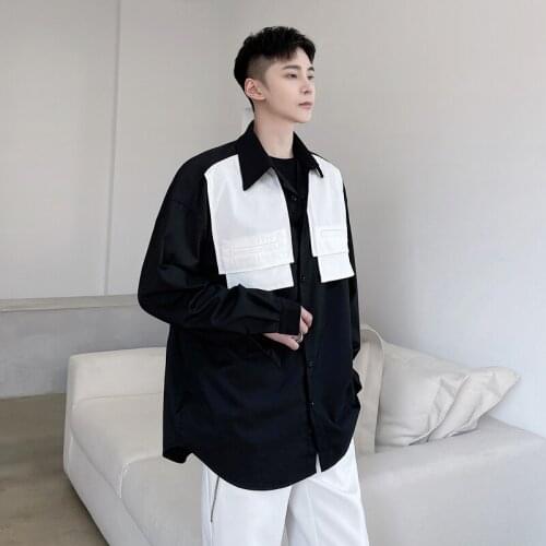 Men Long Sleeve Shirt Spring Black And White Contrasting Material Design Loose Trendy Mens Korean Shirt Singer Clothing