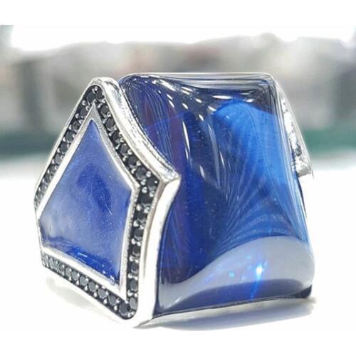 925 sterling Silver Blue Zircon Stone Mens Ring