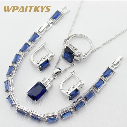 Sqaure Shape Blue Crystal Silver Color Jewelry Sets For Women 4PCS Bracelets Necklace Pendant Hoop Earrings Rings Free Gift Box