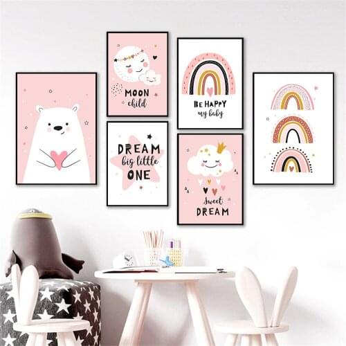 Pink Star Rainbow Prints Bear Canvas Poster Nursery Wall Painting Moon Cloud Print Nordic Wall Art Pictures Girl Baby Room Decor