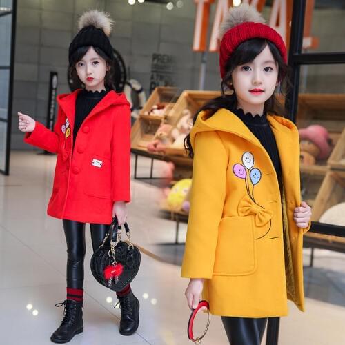 New Arrival 2020 Spring Fall Girls Woolen Hooded Jacket Kids Cute Bow Spliced Long Trench Coat Childrens Princess Outerwear X65