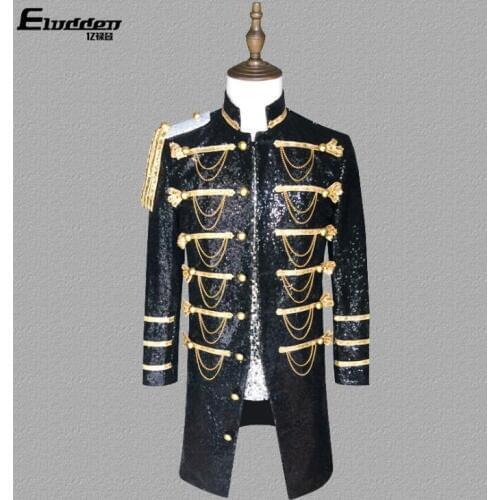 Court clothes men suits designs homme terno stage singers jacket men Sequin chain blazer dance star style military uniform black