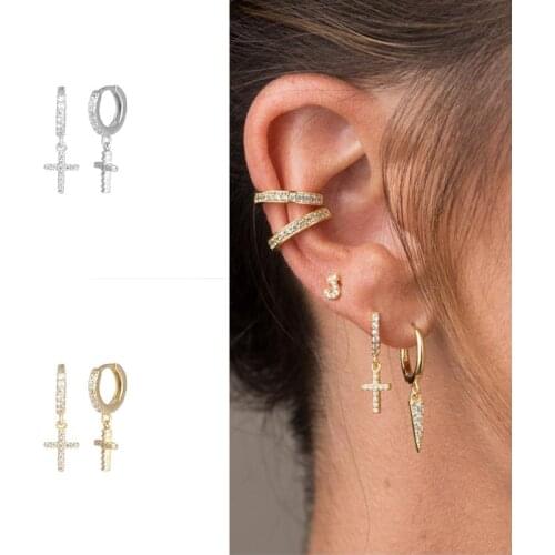 Pendientes Plata 925 Geometric Cross Inlaid Diamond 925 Sterling Silver Earrings For Women Earrings Hoops 2021 Trend Vintage