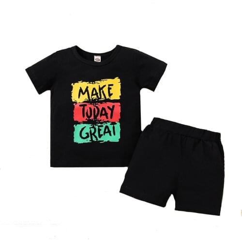 2 Pcs Infant Casual Outfits, Baby Boy Letter Pattern Short Sleeve Round Neck T-shirt + Solid Color Shorts
