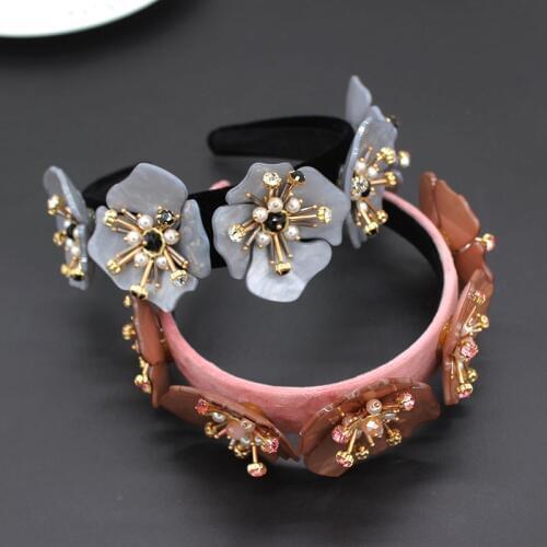 Baroque Rhinestone large flower two-color headband Headband Acrylic Large Flower Geometric Ball Headband 911