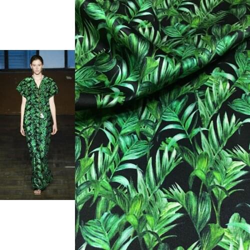 Silk Spandex Satin Fabric New Black Background Green Branches and Leaves Plant Printed Mulberry Silk Sewing Fabric for Dress