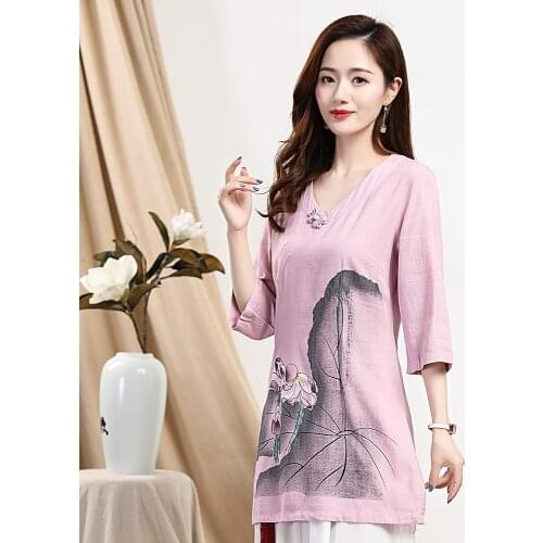 Vintage Women Shirt Tang coat Clothing V-neck Printed Flower Blouse Sexy Slim Half Sleeve Tops Autumn New Chinese Style Clothes