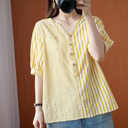 Women Summer Cotton Casual T-shirts New Arrival 2021 Vintage Style V-neck Striped Loose Female Short Sleeve Tops Tees B1036