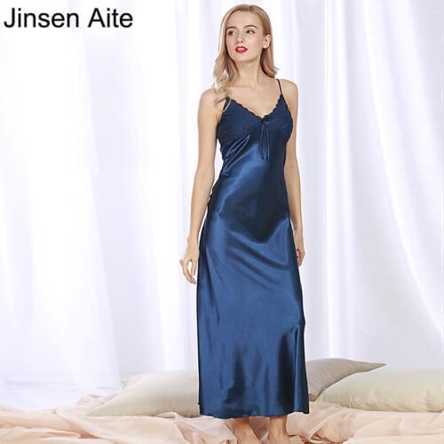 Jinsen Aite Summer Style Women Sexy Mid-Calf Nightgown Spaghetti Strap Slim Nightdress Plus Size 3XL Dresses Home Clothes JS112
