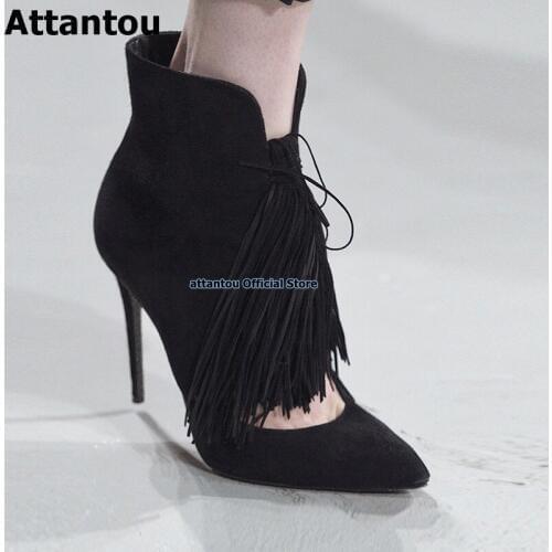 Black Suede Leather Fringe Ankle Boots Fashion Cutouts Runway Heeled Shoes Women Femmes Tassel High Heeled Short Boots