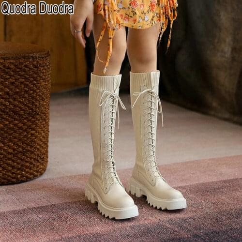 Boots new Autumn Women Solid Punk Shoes Knee High Heels Fashion Motorcycle Genuine Leather Warm Woman Platform INS Round Slip