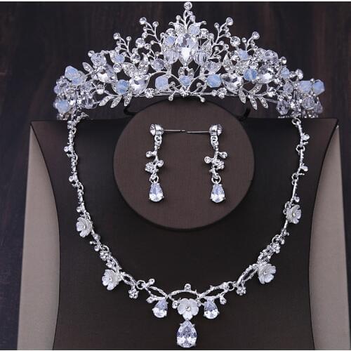 Bridal Wedding Jewelry Sets Korea Tiara Cubic Zirconia Necklace Earrings Crystal Hair Accessories Women Princess Crown Headpiece