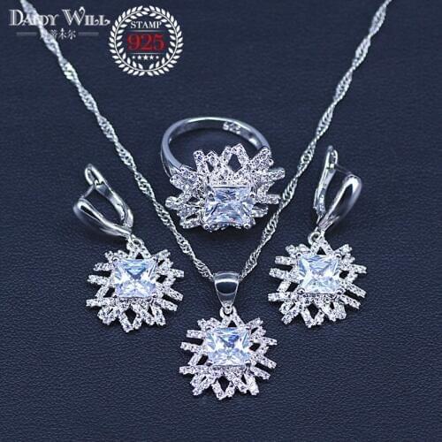 Square Cubic Zirconia Silver Color Bridal Jewelry Sets For Women Earrings Necklace Pendant Ring Free Box
