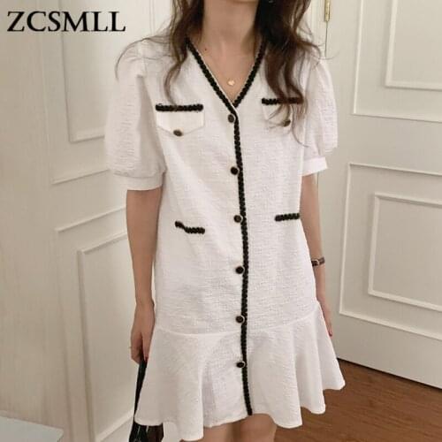 ZCSMLL Korean chic French V-neck hit color vestido single-breasted loose puff sleeve ruffled fishtail dress women 2021 fashion