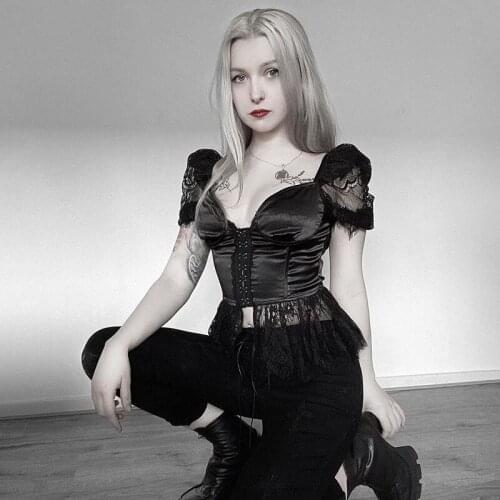 Bubble Sleeve V Collar Lace Goth T-shirt European and American Summer New Patchwork Cardigan Womens Dress Grunge Aesthetic