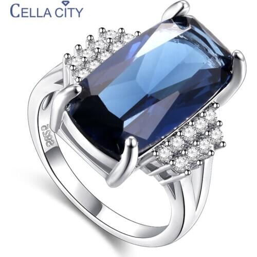 Cellacity Geometry Silver 925 Jewelry Rectangle Gemstones Ring for Women Sapphire Zircon Trendy Female Anniversary Accessory