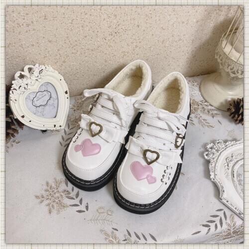 Platform Lolita Winter Shoes Plus Velvet Warm Running Shoes Flats Mid Heel Pu Kawaii Anime Cosplay Japanese Sweet Heart Bowknot