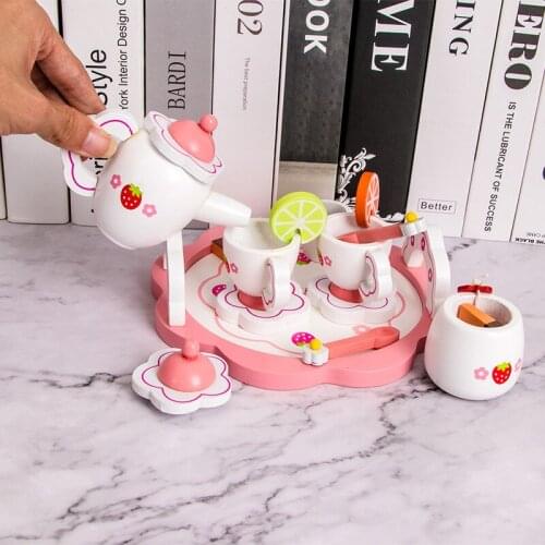 2021 Kids pink analog wooden tea set game house educational toys kitchen tools girls early education tableware gifts