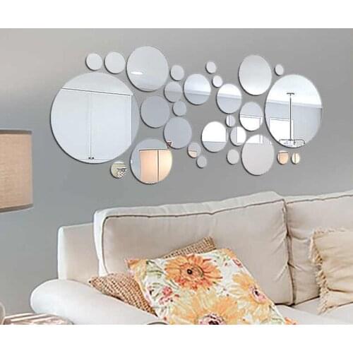 28pcs Mini 3D Acrylic Mirror Wall Stickers Heart/Round Shape Stickers Decal Mosaic Mirror Effect Livingroom Home Decor