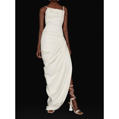 Asymmetric Ruched Linen 9.28 Blends Sexy Backless Split Long Slim Back Lace-up Draped Spaghetti Strap Party Dress Women