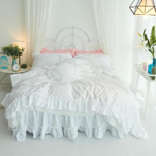 Snow White Egyptian Cotton Lace Ruffle Princess Wedding Bedding Set Luxury Duvet Cover Bedspread Bed Skirt Pillowcases