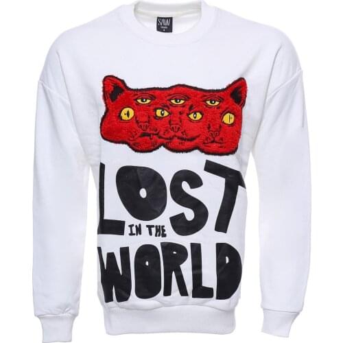 White Circle Neck Cat Printed Sweatshirt