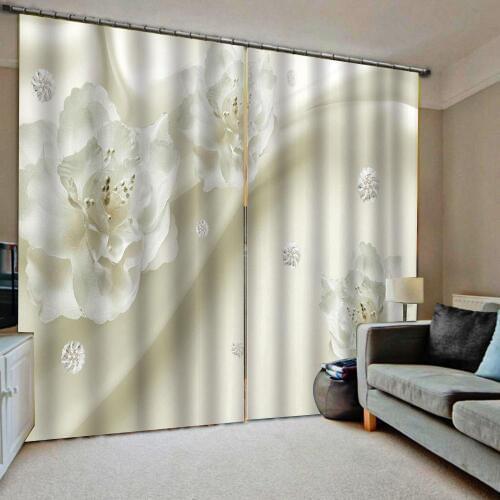 Beige silk flower curtains Drapes Living room Bedroom Decor 2 Panels HooksWindow Curtains Blackout curtain