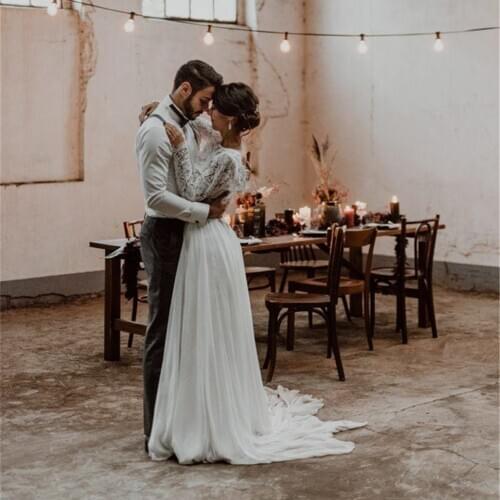 Bohemia Two Pieces Bridal Wedding Dress White Ivory Lace Top and Chiffon Skirt Bride Wedding Dress Long Sleeve A-Line Beach Wedding Dresses Robe De Marriage