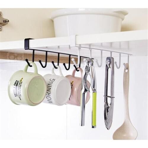 Home Decor Iron 6 Hooks Cup Holder Hanging Bathroom Hanger Kitchen Organizer Cabinet Door Shelf Removed Storage Rack Black/White