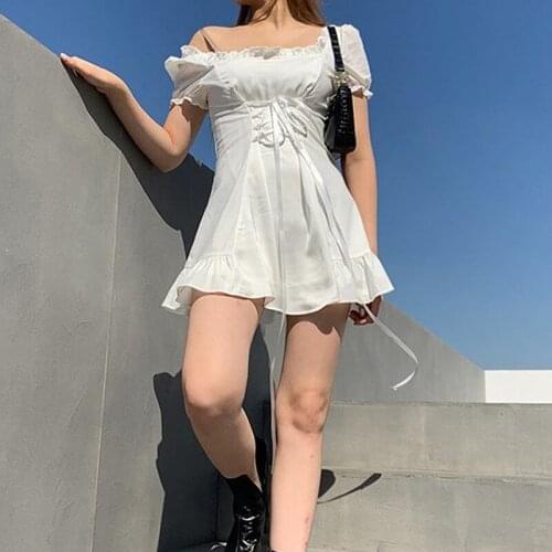 Summer White Elegant Bow Tie Feature Miniskirt Sleeve Square neckline Lace Tight Party Dress Beach casual gown Sundress