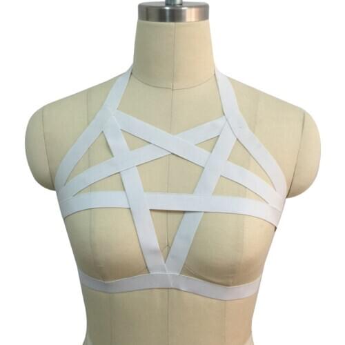 Gothic Bondage white Pentagram Lingerie Harness Bra Crop Top Body Harness Cage Fetish Halloween Rave Wear Harajuku Cage Bra