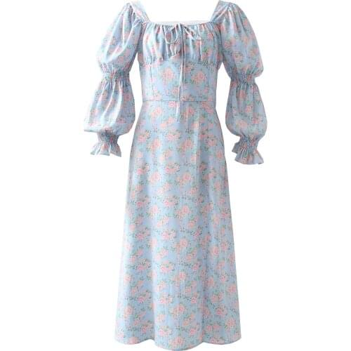 Jastie 2021 FLoral Print Womens Dress Bow Lace-Up Square Neck Puff Long Sleeve Midi Dresses Bohemian Vacation Beach Party Dress