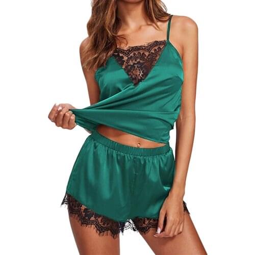 Two Pieces/Suit Pyjamas Women Sexy Lingerie Female Sexy Nightwear Lounge Sets Satin & Lace Sleepwear Set