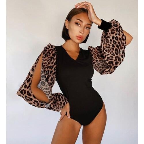SummerSexy Skinny Leopard Patchwork Bodysuit Rompers Women Jumpsuit Fashion Office Lady Lantern Sleeve Slim Bodysuits Female Top