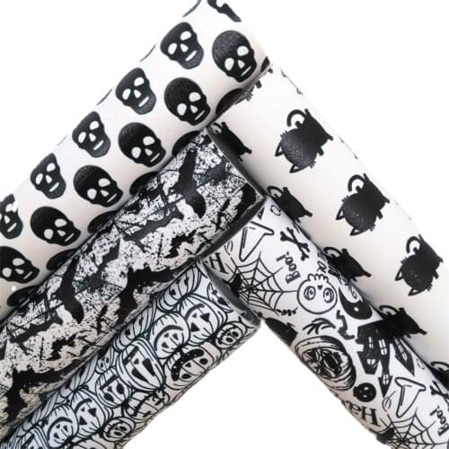 Halloween Pumpkin Ghost Bats Skulls Printed Synthetic Leather Faux Fabric Sheets Felt Backing Bows DIY 21X29CM GM2123B