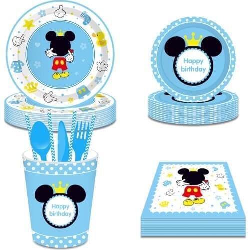 Boy Baby Shower Party Cartoon Mouse Mini Theme Happy Birthday Party Disposable Tableware Sets Disserts Plates Cups Napkins