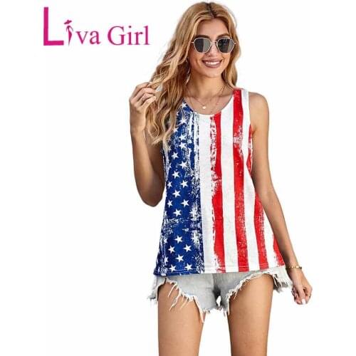 LIVA GIRL Woman Plus Size Casual Stripes Star American Flag Print Tank Top Summer Sleeveless Loose Clothes Female Print Vest 2XL