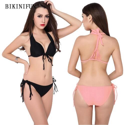 New Sexy Solid Color Bikini Women Swimsuit Strappy Bandage Bathing Suit M-XL Girl Backless Padded Mini Swimwear Micro Bikini Set
