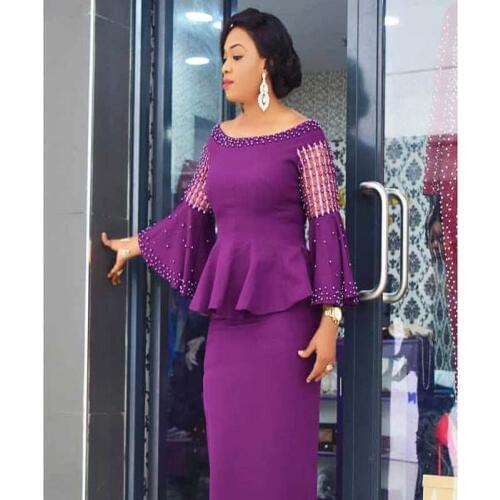 New Arrival Africa Clothing Flared Long Sleeved Beaded Sequined Dress Set Robe Femme Outfit Two Pieces Set Elegant Lady Party