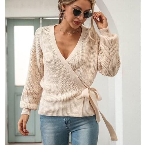 Casual Slim Fit Sweater with Sexy Deep V Sweater Womens Knitted Full Sleeve Pullover Womens Elastic Cotton Top Solid V-Neck