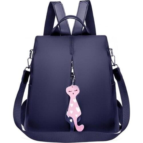 Women Simple Travel Shoulder Bags Pack Multi-Use Nylon Backpack Solid Color Large Daypack for Female Bagpack with Cat Pendant
