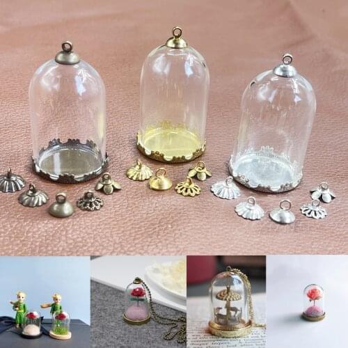 38x25mm Hollow tube bell jars with setting base beads cap set glass vials pendant glass bottle jewelry Micro landscape jars dome