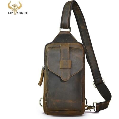 Luxury Men Crazy Horse Leather Vintage Triangle Chest Sling Bag Design Travel Daypack Tea One Shoulder Crossbody Bag XB571