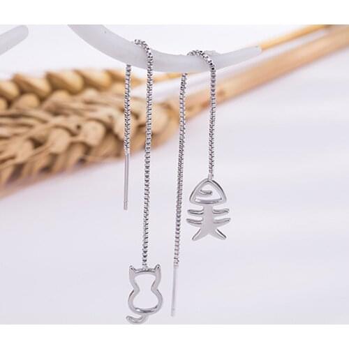 Geometric Moon Star Asymmetric Cat Fishbone Long Tassel Chain Dangle Earrings For Women Fashion Wedding Jewelry Gifts
