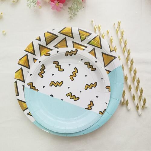 Blue Boys Baby Shower Party Supplies Disposable Tableware Sets Striped Paper Plate Cups Straw For Baptism Birthday Party Decor