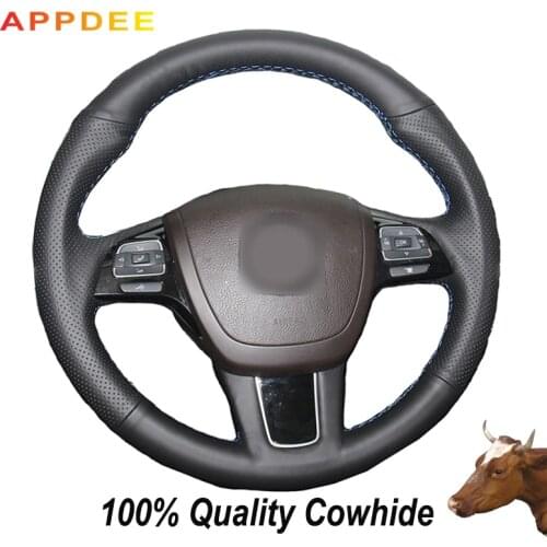 APPDEE Hand-stitched Black Genuine Leather Steering Wheel Cover for VW Touareg 2011 2012 2013 2014 2015 2016 2017