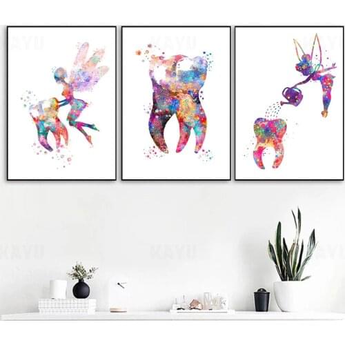 Dental Art Tooth Fairy Canvas Painting Watercolor Wall Art Poster Dental Hygienist Canvas Print Teeth Wall Pictures Clinic Decor