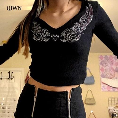 Rhinestone Wing Goth Woman Tshirts Dark Academic E Girl Black Techwear V Neck Long Sleeve Slim Knitted Autumn Tee Shirt