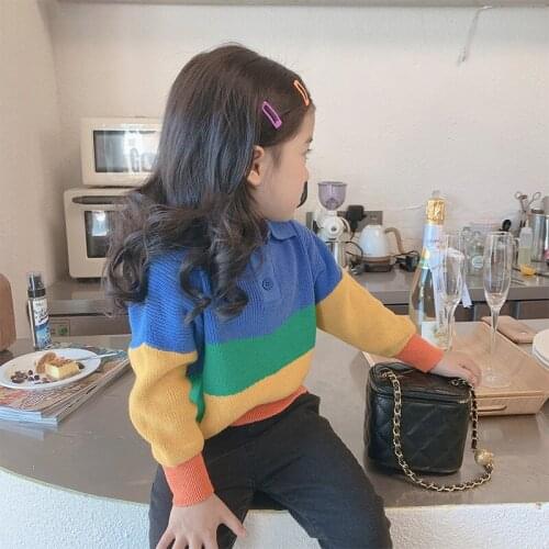 2 3 4 5 6 7 Y Toddler Girl Sweaters 2021 Autumn New Baby Pullover Sweater Fashion Lapel Rainbow Striped Knitted Sweater For Girl